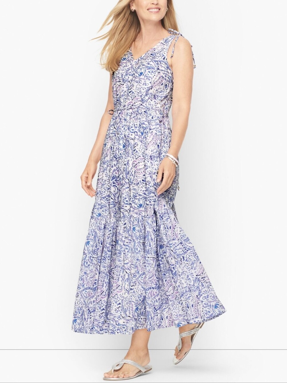 Talbots V Neck Fit Flare Tiered Cotton Floral Maxi Dress 8 Watercolor Paisley